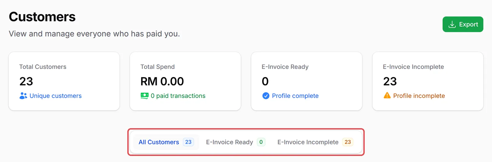 Customers页面的摘要卡片,All Customers、E-Invoice Ready和E-Invoice Incomplete标签页已标示
