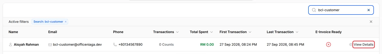 A customer found by searching their email, with View Details highlighted