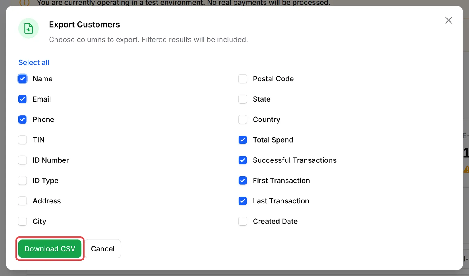 The Export Customers box with its column checkboxes and the Download CSV button highlighted