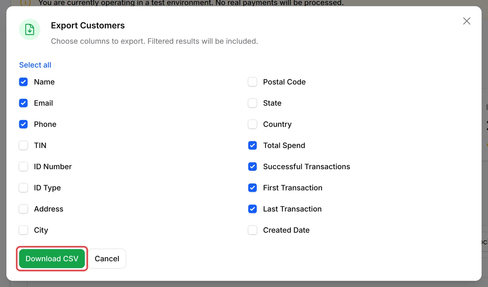 Export Customers框,列的复选框和Download CSV按钮已标示