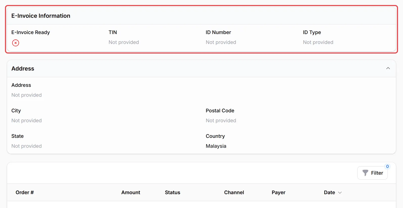顾客页面的E-Invoice Information和Address部分,下面是他的付款列表