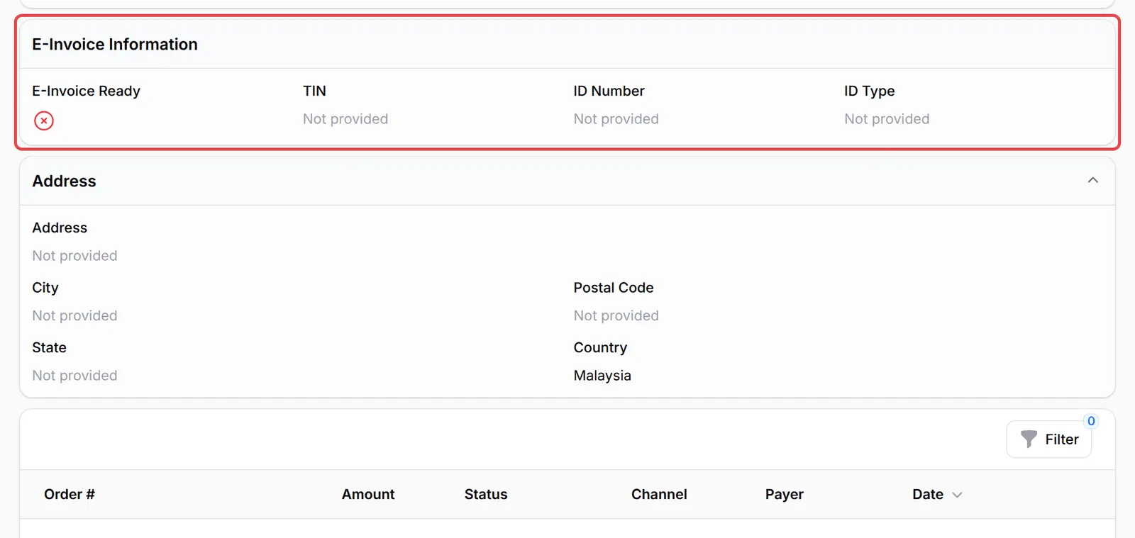 The E-Invoice Information and Address sections of a customer’s page, above the list of their payments