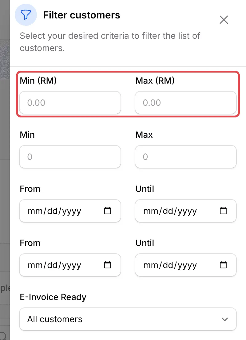 The Filter customers panel with the Min (RM) and Max (RM) fields for Total Spent highlighted
