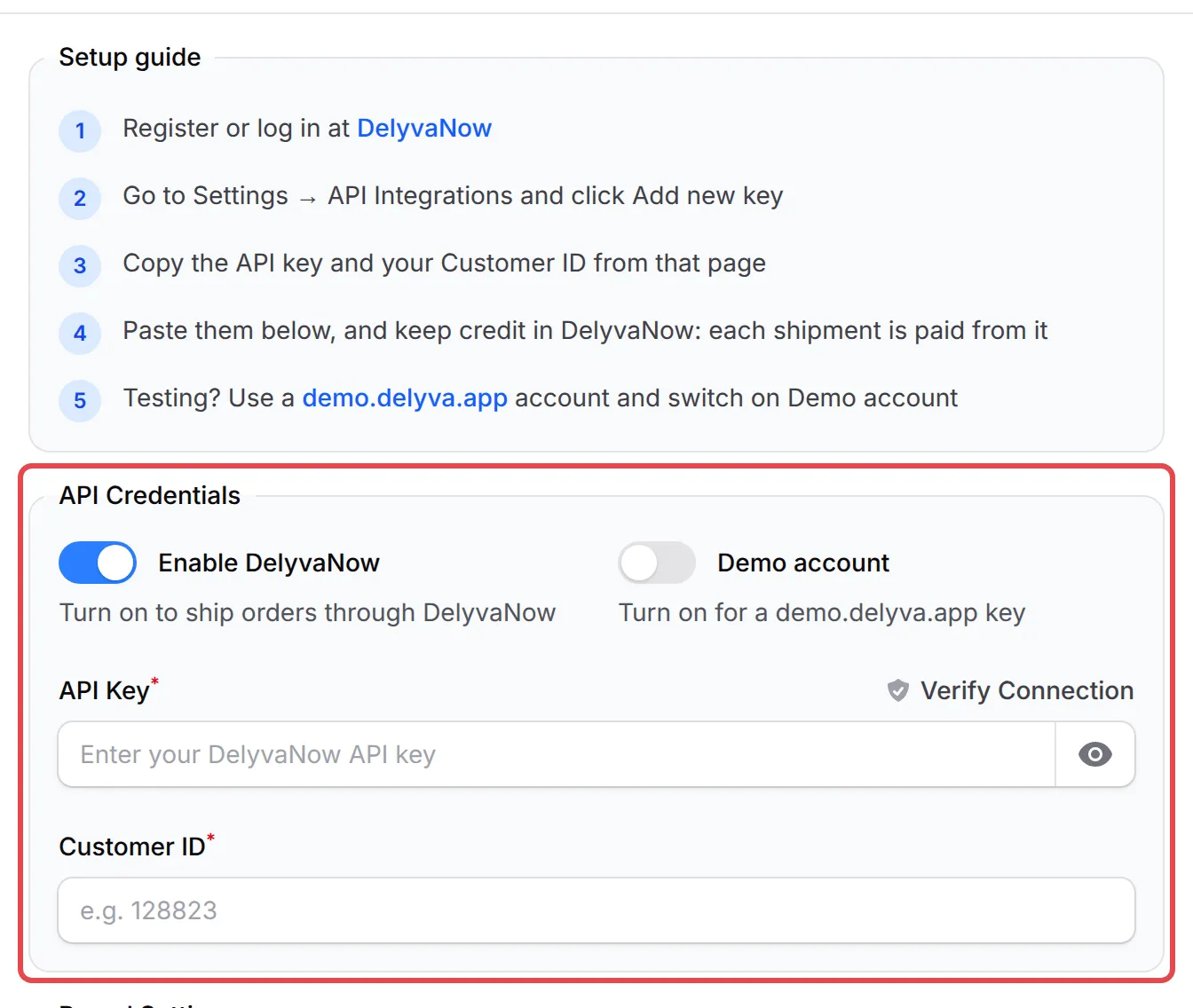 The API Credentials box with Enable DelyvaNow on, API Key and Customer ID