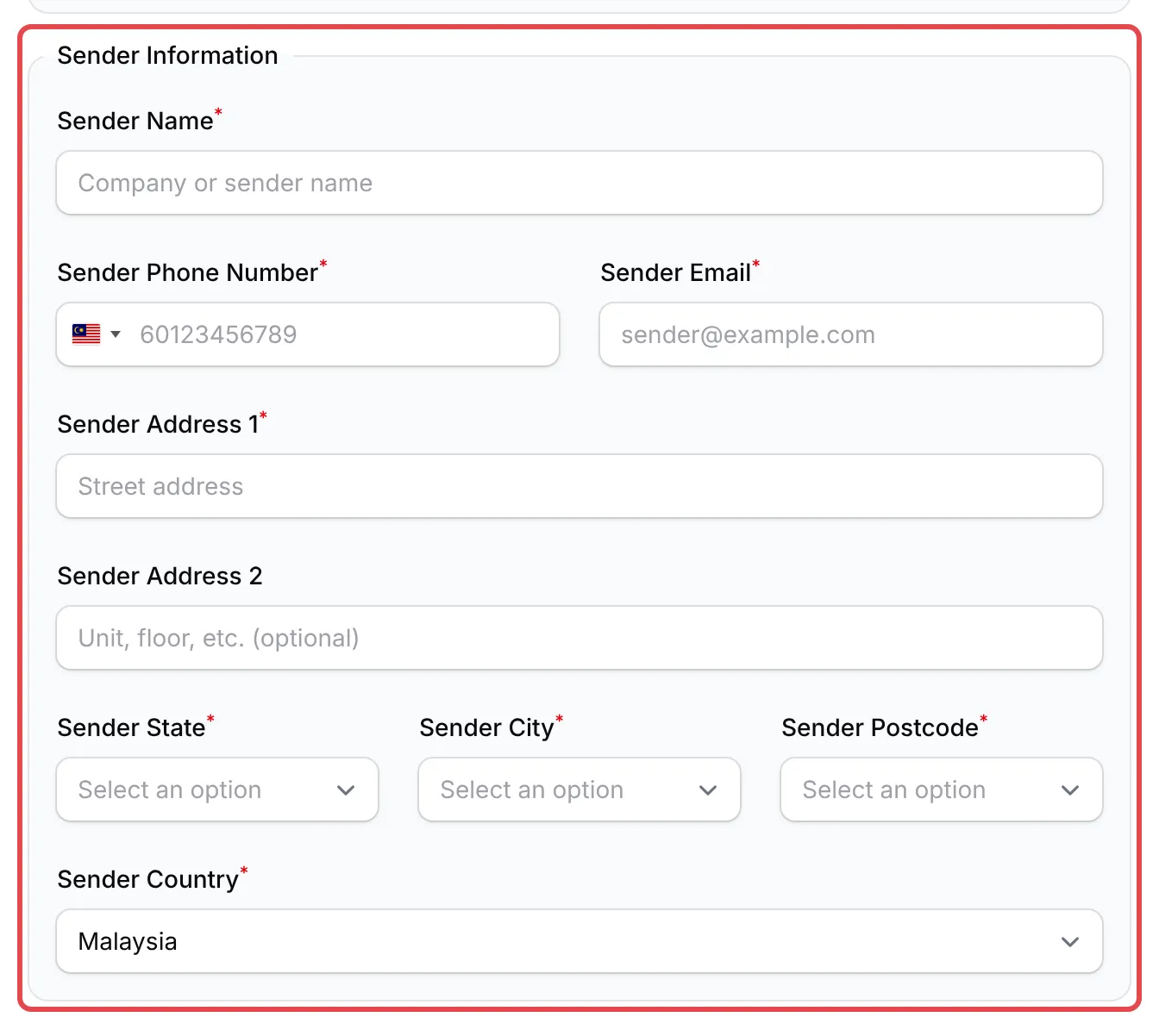 The Sender Information box in the DelyvaNow panel: Sender Name, Sender Phone Number, Sender Email, the address fields and Sender Country