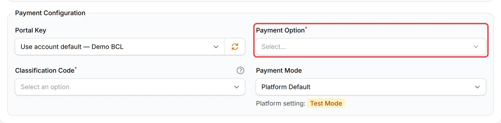 新付款表单的Payment Configuration框，Payment Option栏位已标示