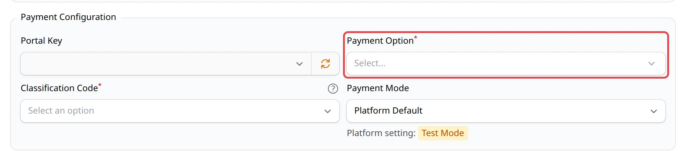 Kotak Payment Configuration pada payment form baru, dengan ruangan Payment Option ditanda