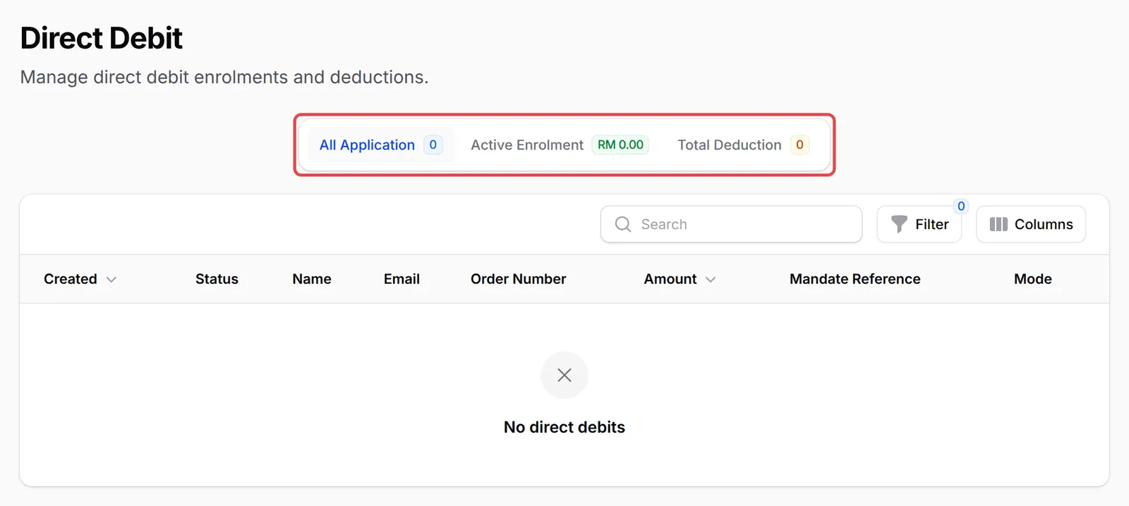 Direct Debit页面，All Application、Active Enrolment和Total Deduction标签页已标示