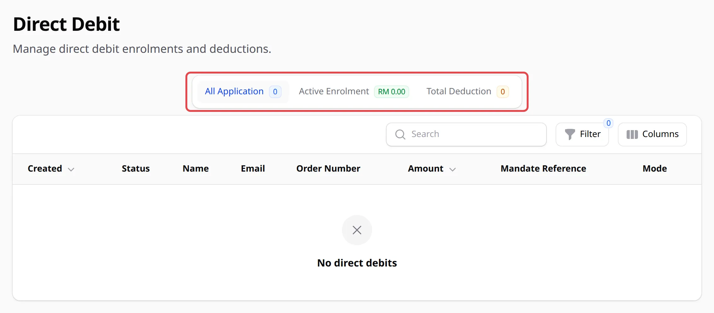 Page Direct Debit dengan tab All Application, Active Enrolment dan Total Deduction ditanda