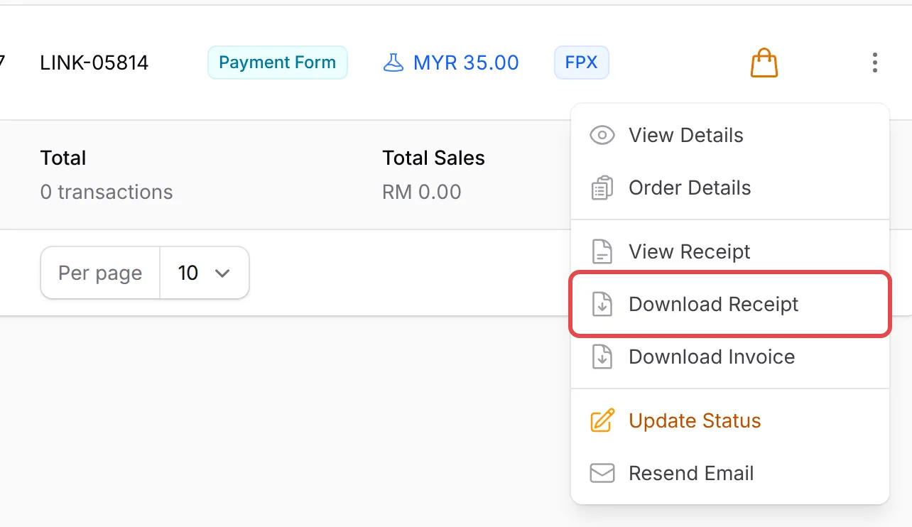 Menu tindakan dibuka pada transaksi yang berjaya, dengan Download Receipt ditanda