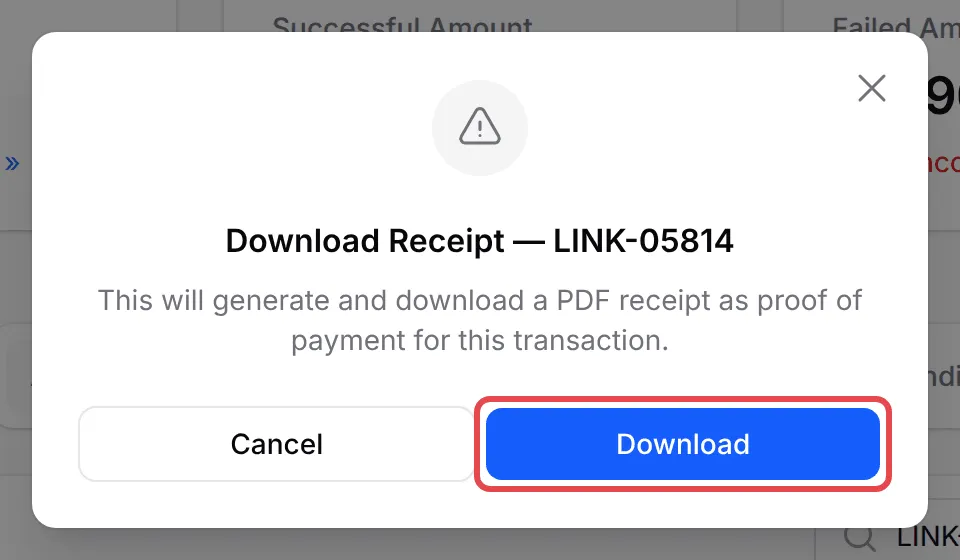 Kotak pengesahan Download Receipt dengan butang Download ditanda