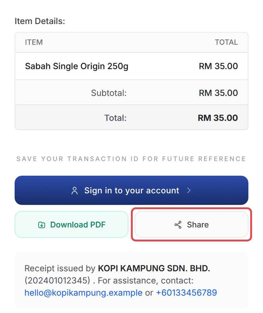 Bahagian bawah resit yang sudah dibayar dengan butang Download PDF dan Share, dengan Share ditanda