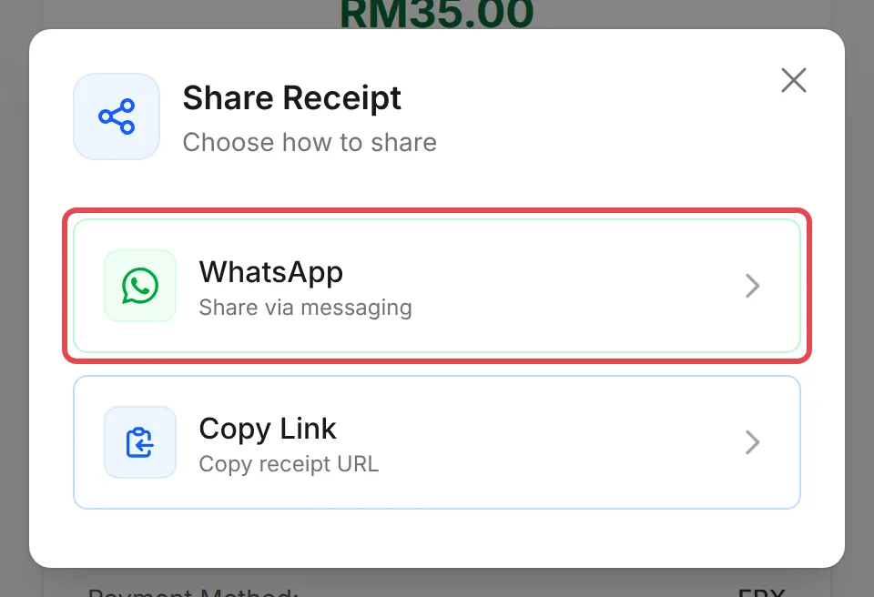 Kotak Share Receipt dengan pilihan WhatsApp dan Copy Link, dengan WhatsApp ditanda