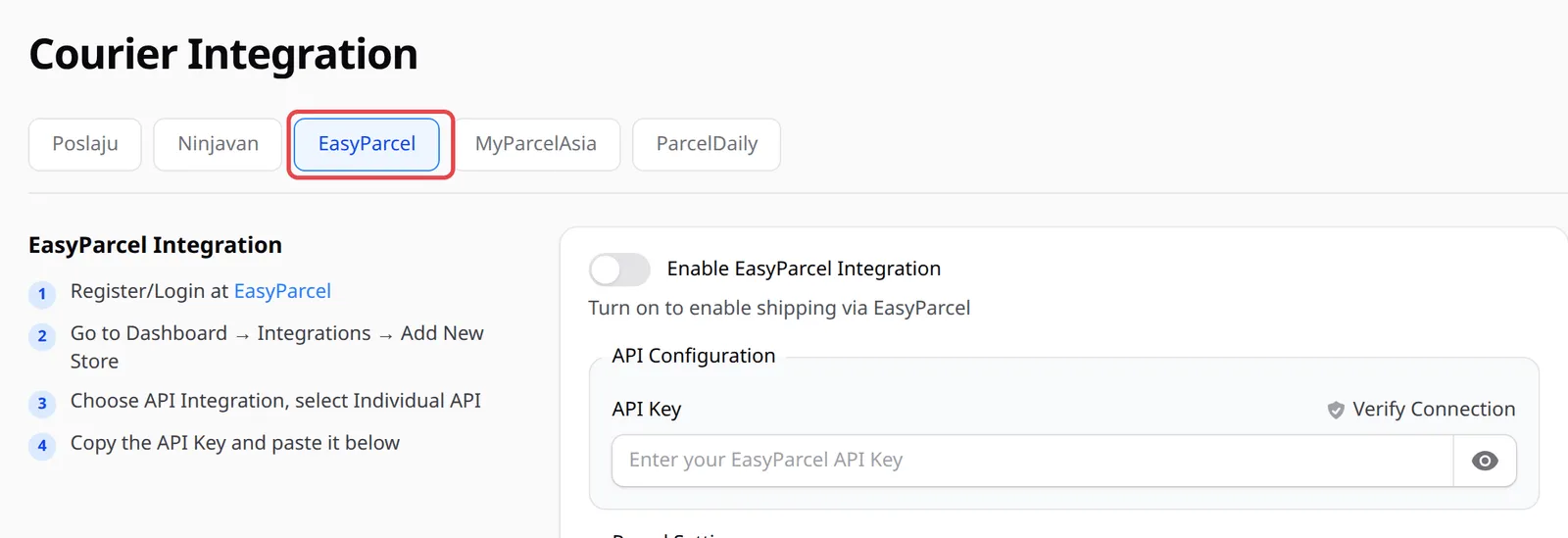 Tab EasyParcel dalam Courier Integration ditanda