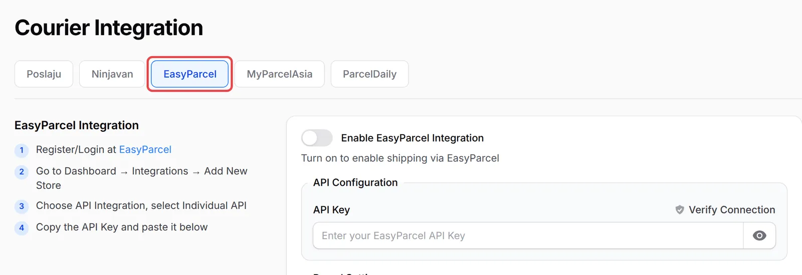 Courier Integration的EasyParcel标签页,已标示