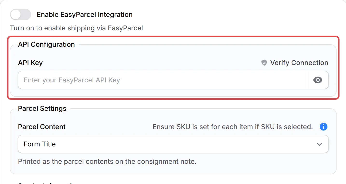 API Configuration框,API Key栏位和Verify Connection已标示