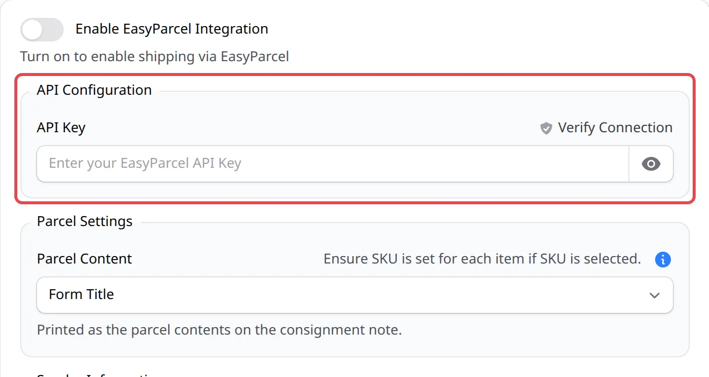 Kotak API Configuration dengan ruangan API Key dan Verify Connection ditanda