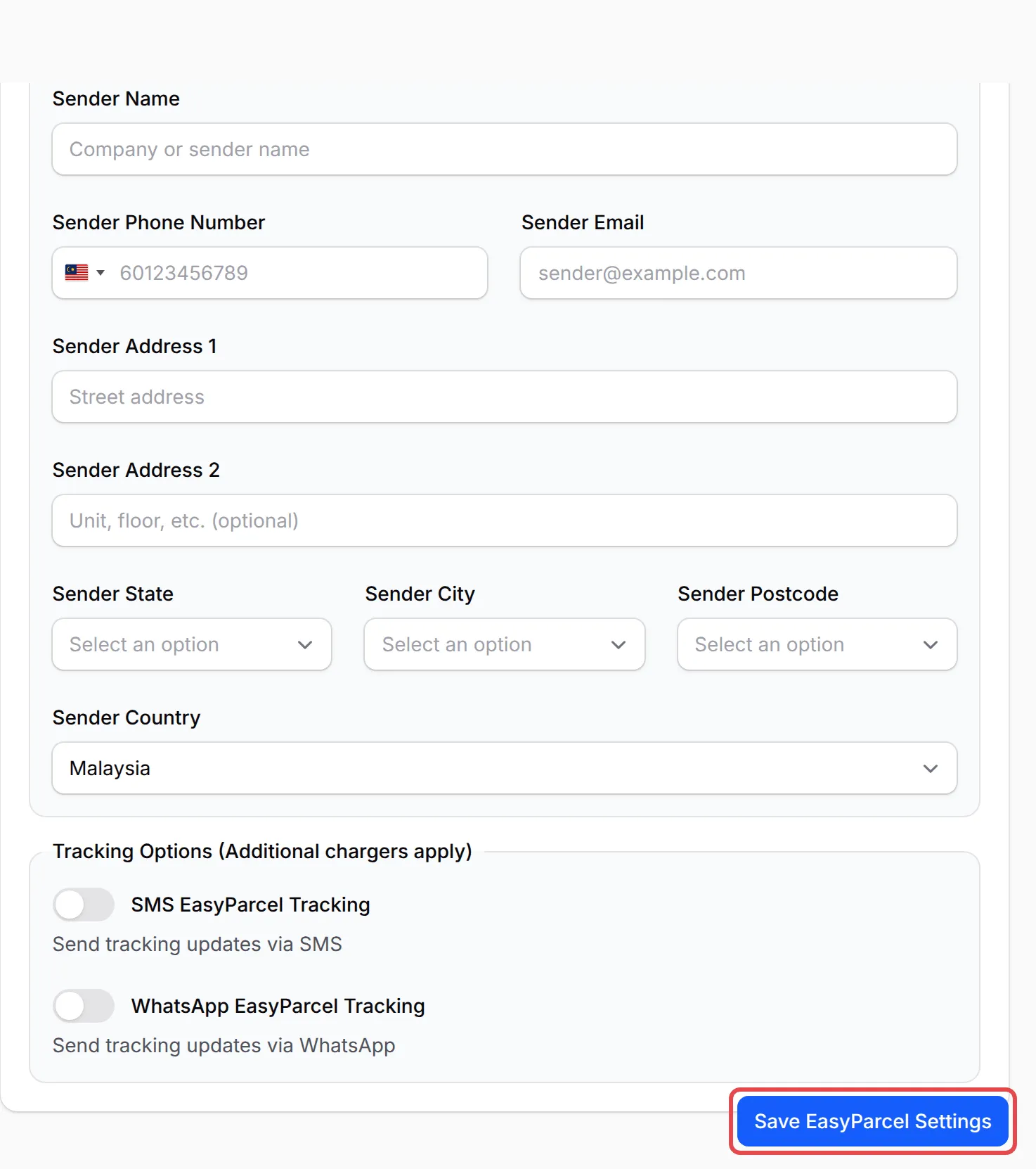 Sender Information和追踪选项,Save EasyParcel Settings按钮已标示