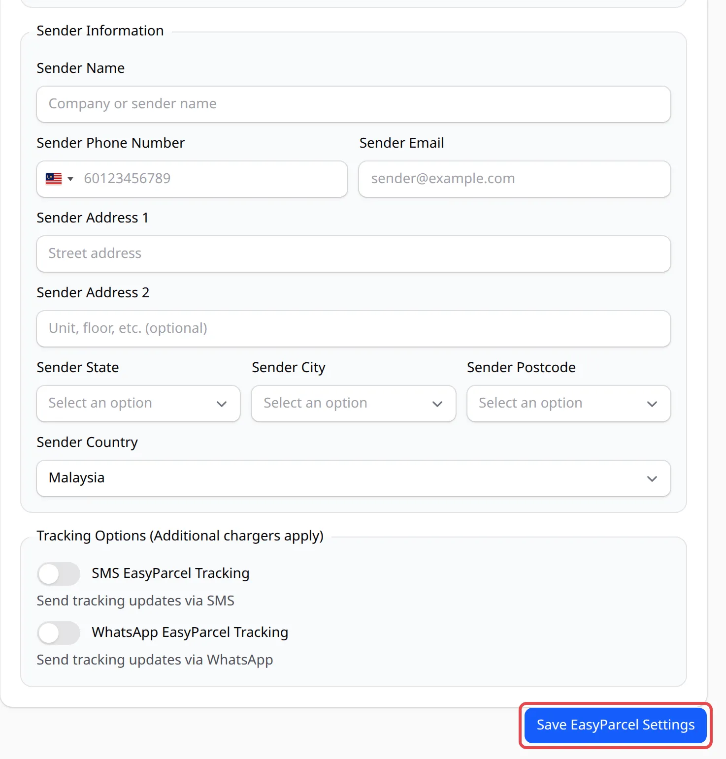 Sender Information dan pilihan tracking, dengan butang Save EasyParcel Settings ditanda
