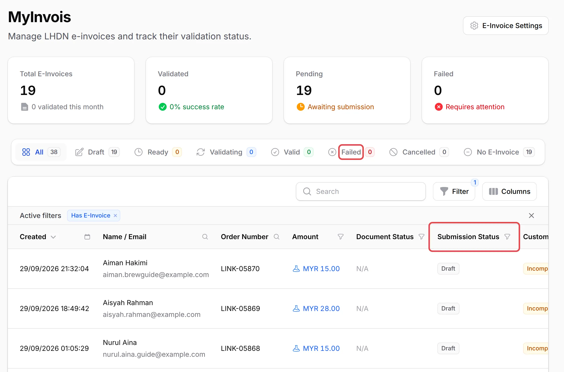 The MyInvois page with the Failed tab and the Submission Status column highlighted