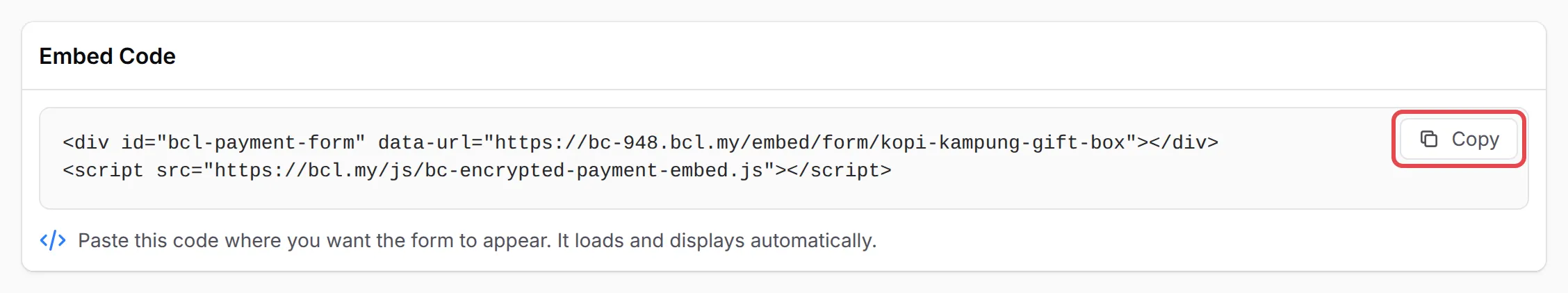 The Embed Code section of a payment form with the Copy button highlighted