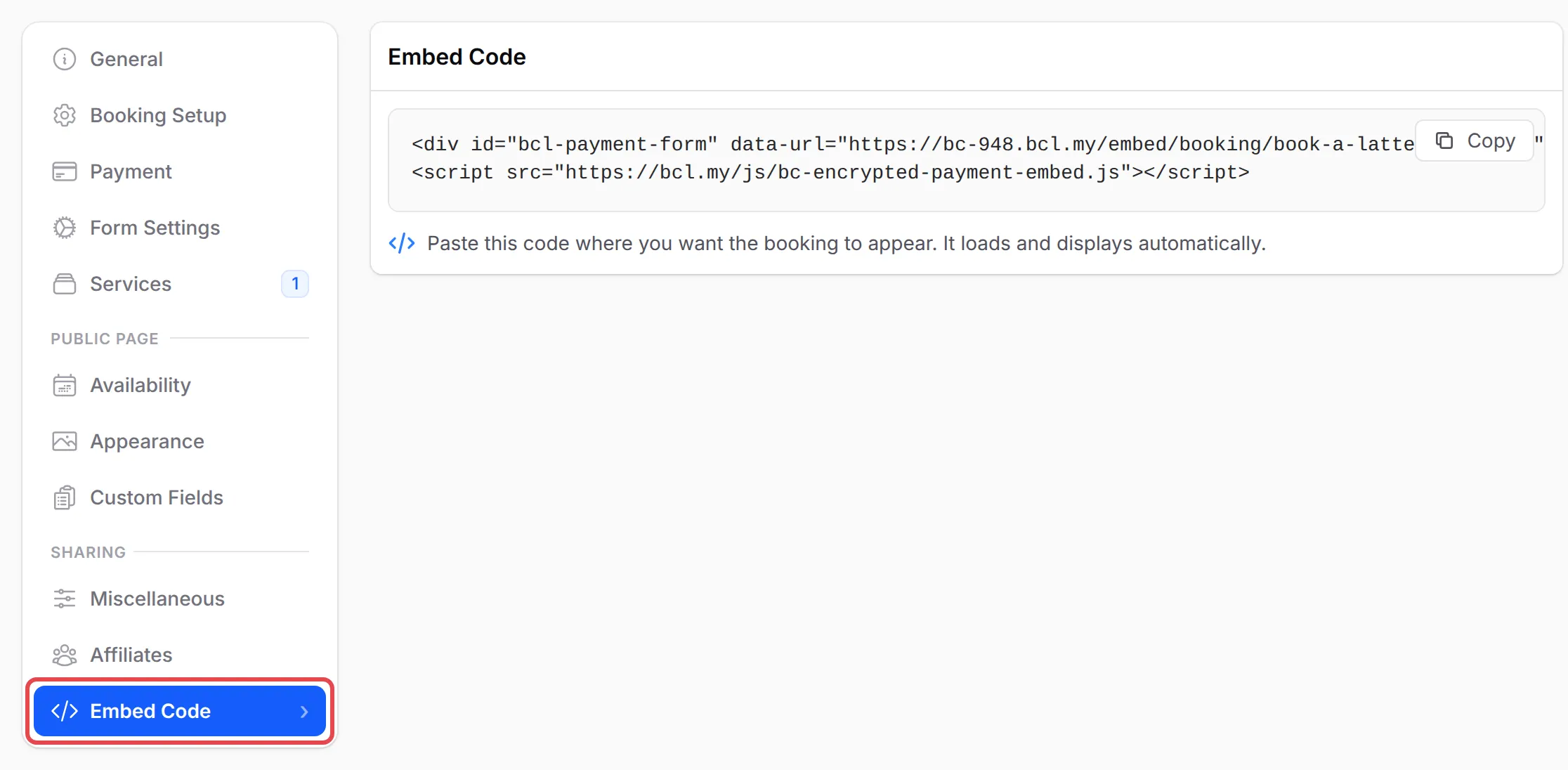 The Embed Code tab of a booking form highlighted, with its code and Copy button