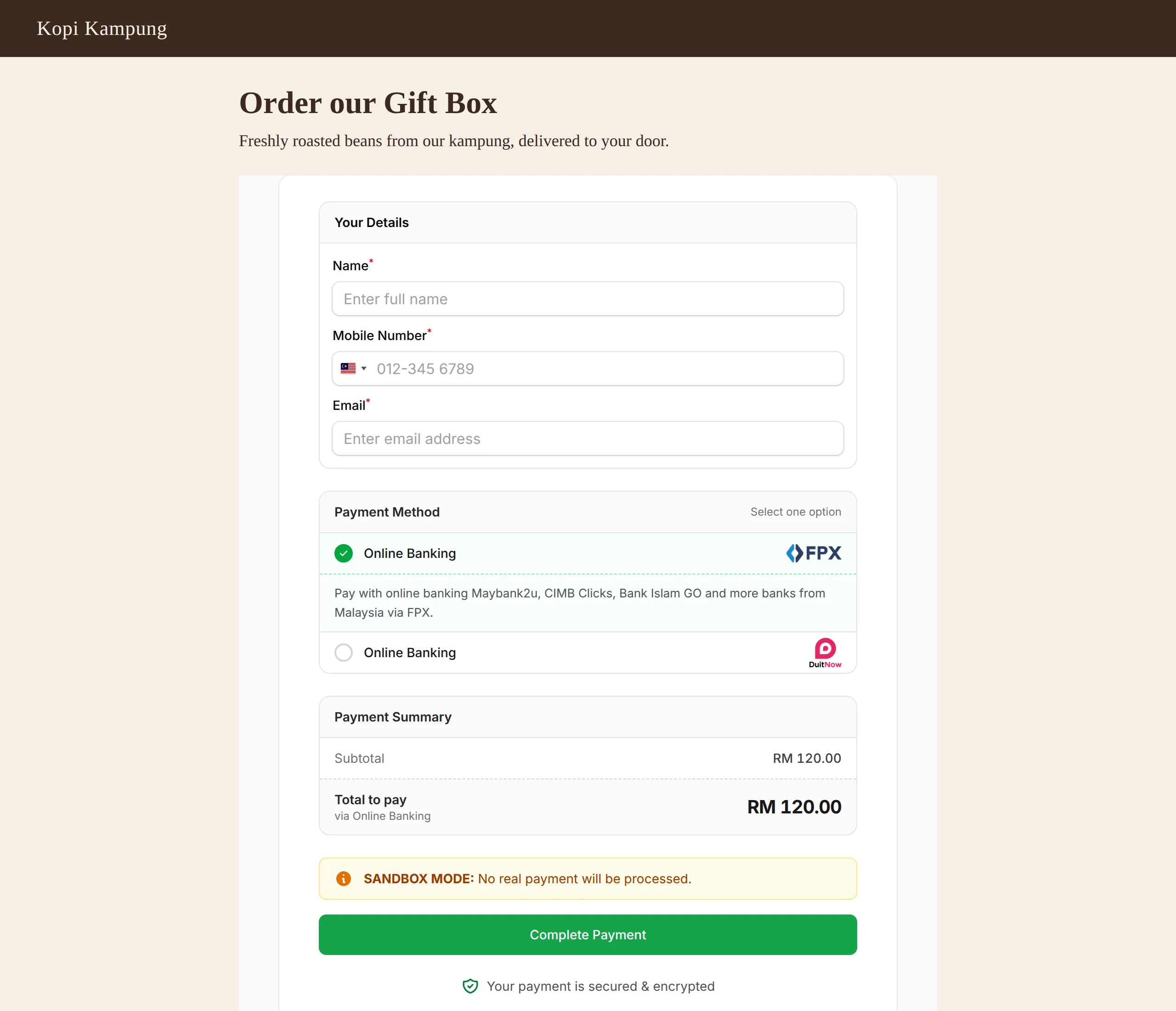 A Kopi Kampung web page with the Gift Box payment form embedded under the page heading