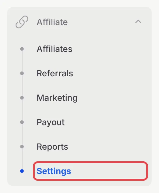 Menu Affiliate di sidebar BCL, dengan Settings ditanda