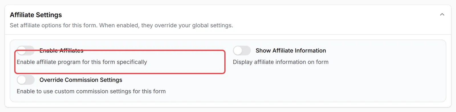 Bahagian Affiliate Settings pada payment form dengan Enable Affiliates ditanda