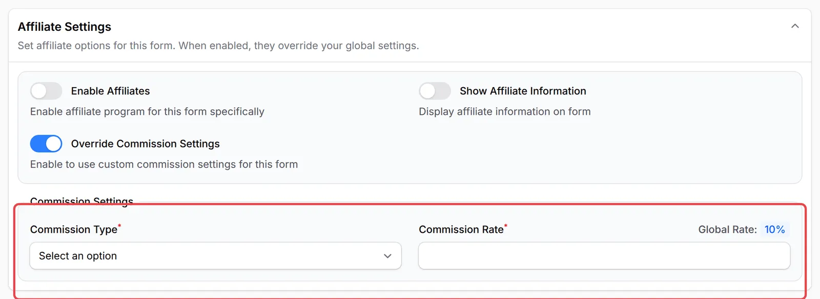 Commission Settings pada form selepas Override Commission Settings di-on-kan, dengan Global Rate dipaparkan
