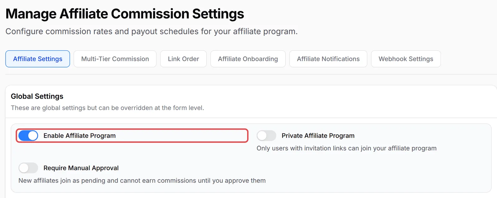 Kotak Global Settings dengan suis Enable Affiliate Program di-on-kan dan ditanda