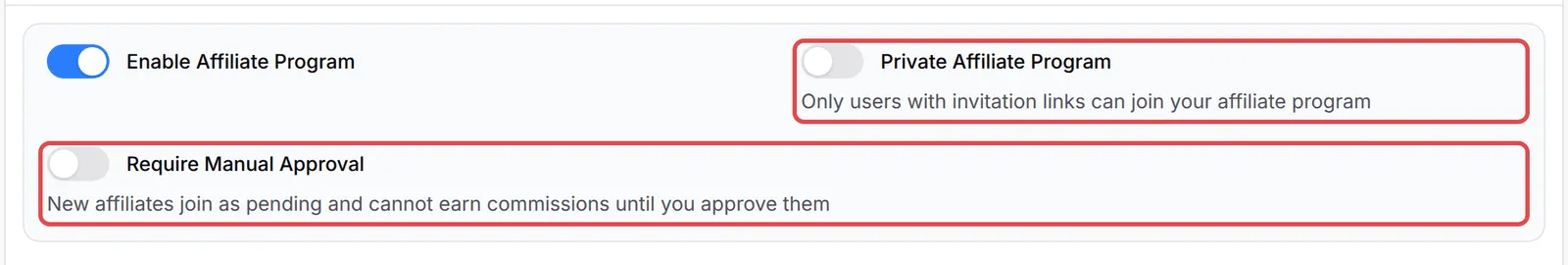 Suis Private Affiliate Program dan Require Manual Approval ditanda