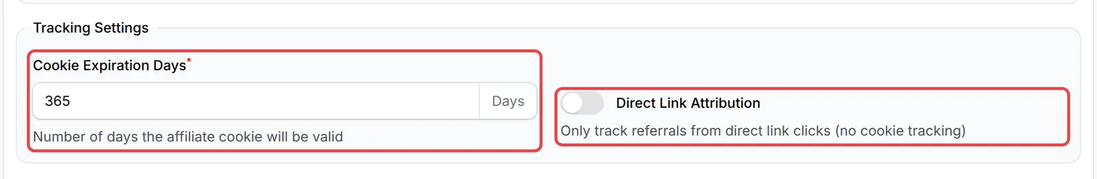Tracking Settings dengan Cookie Expiration Days dan Direct Link Attribution ditanda