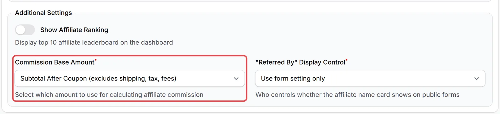 Additional Settings dengan ruangan Commission Base Amount ditanda