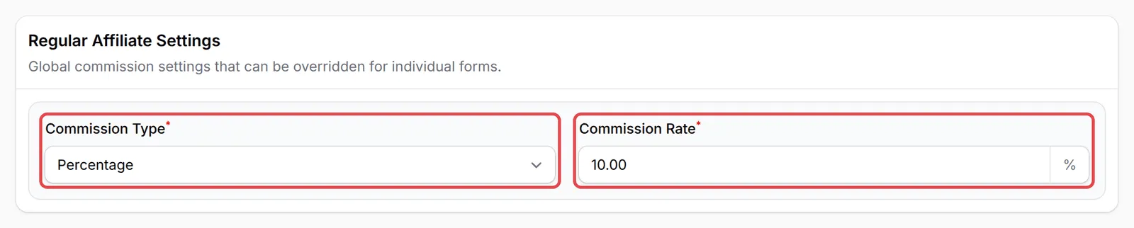 Regular Affiliate Settings dengan Commission Type ditetapkan kepada Percentage dan Commission Rate 10