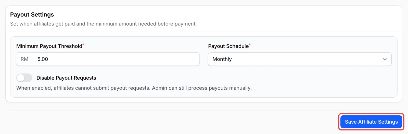 Payout Settings dan butang Save Affiliate Settings ditanda