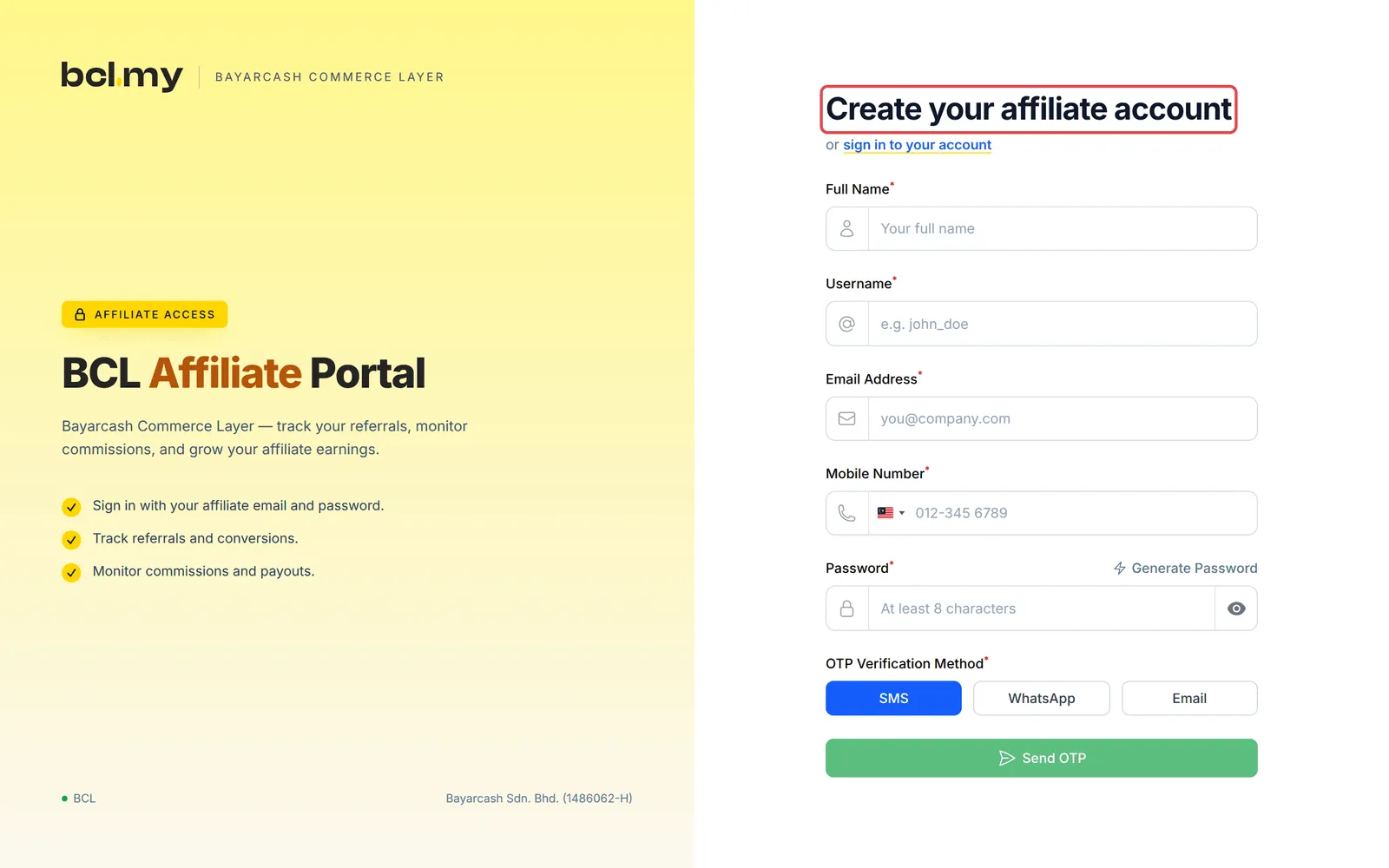 Page awam Create your affiliate account yang dibuka oleh Sign-up link