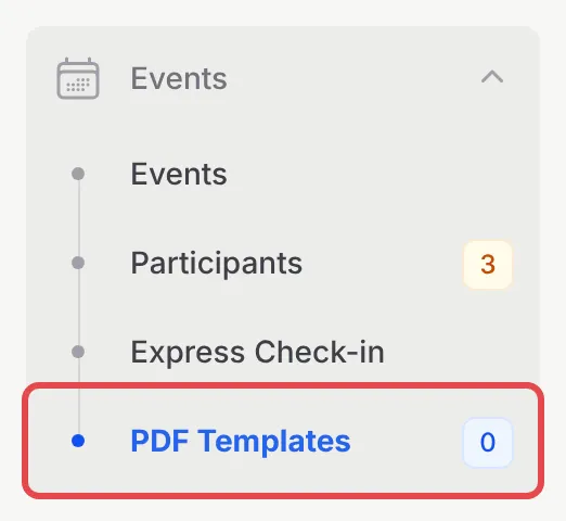 The Events menu in the BCL sidebar with PDF Templates highlighted