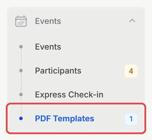 The Events menu in the BCL sidebar with PDF Templates highlighted