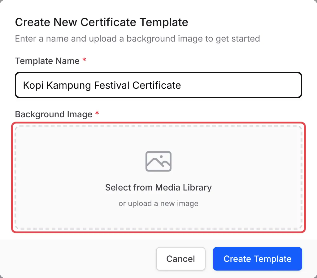 The Create New Certificate Template dialog with the Background Image box highlighted