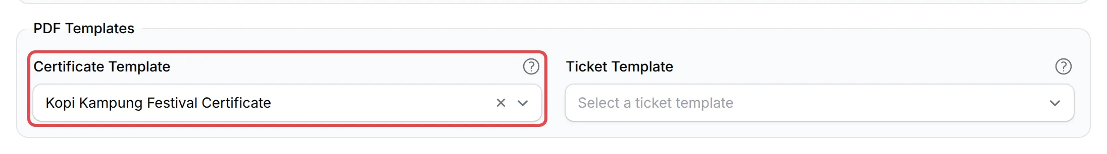 The PDF Templates section of an event with the Certificate Template field highlighted