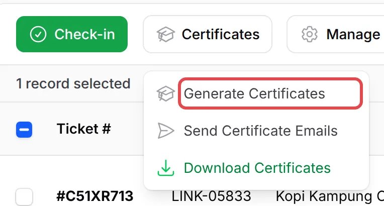 The Certificates menu for the selected participants with Generate Certificates highlighted