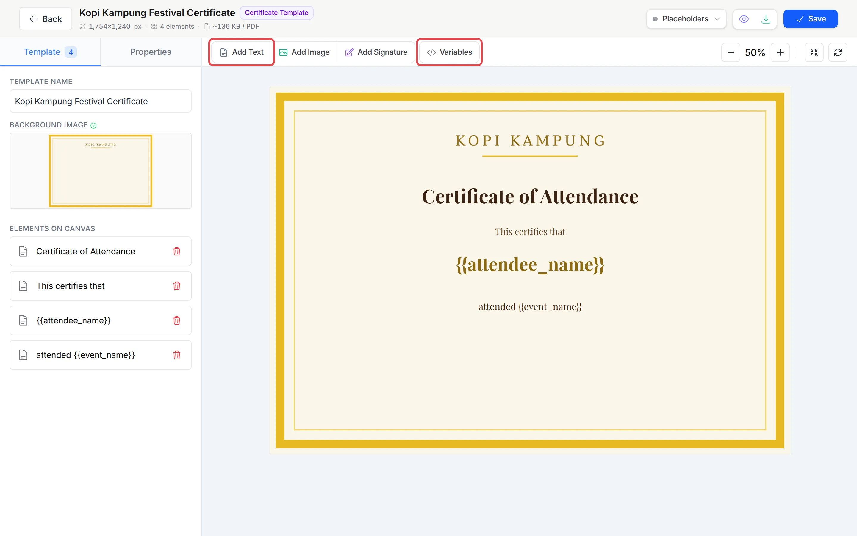 The certificate editor with text elements holding placeholders, and the Add Text and Variables buttons highlighted