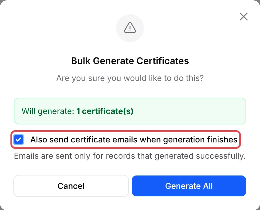 The Bulk Generate Certificates dialog with the option to send certificate emails ticked