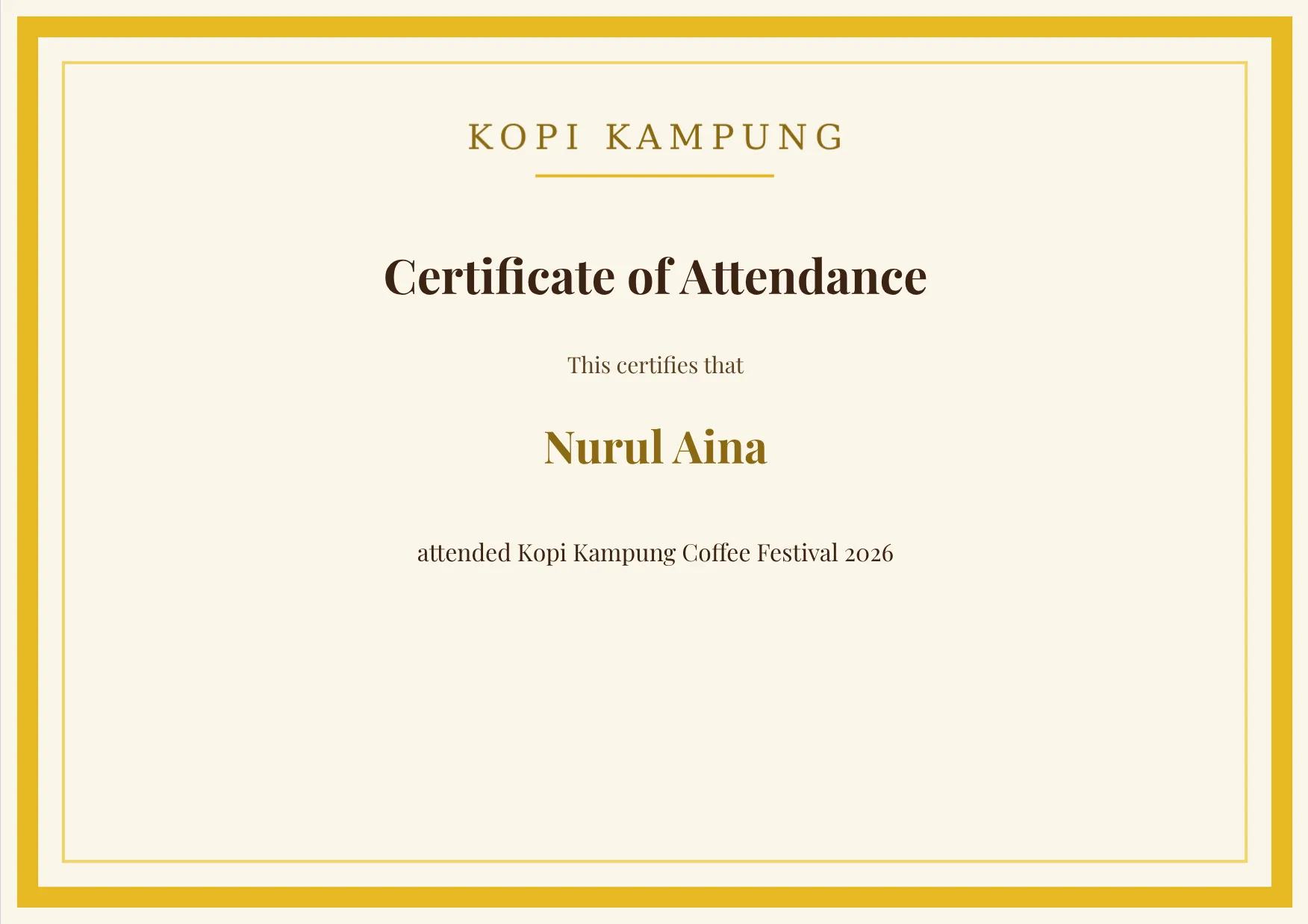 A certificate previewed in the editor with the participant’s name and the event name filled in