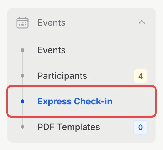 The Events menu in the BCL sidebar with Express Check-in highlighted
