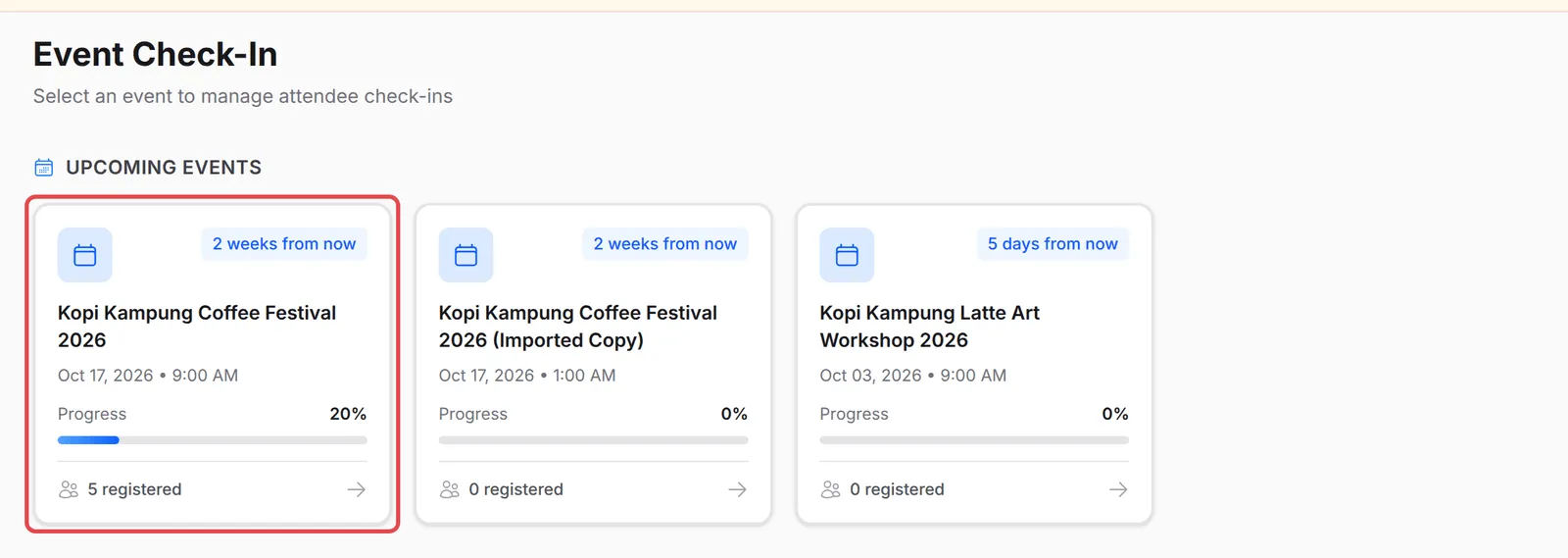 The Event Check-In page with the Kopi Kampung Coffee Festival 2026 card highlighted
