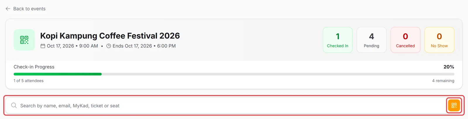 The event’s check-in counts, progress bar, search box and QR button