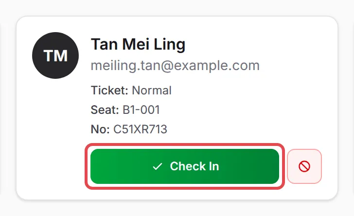 An attendee card for Tan Mei Ling with the Check In button highlighted
