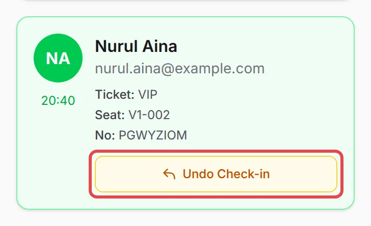 A checked-in attendee card with the check-in time and Undo Check-in